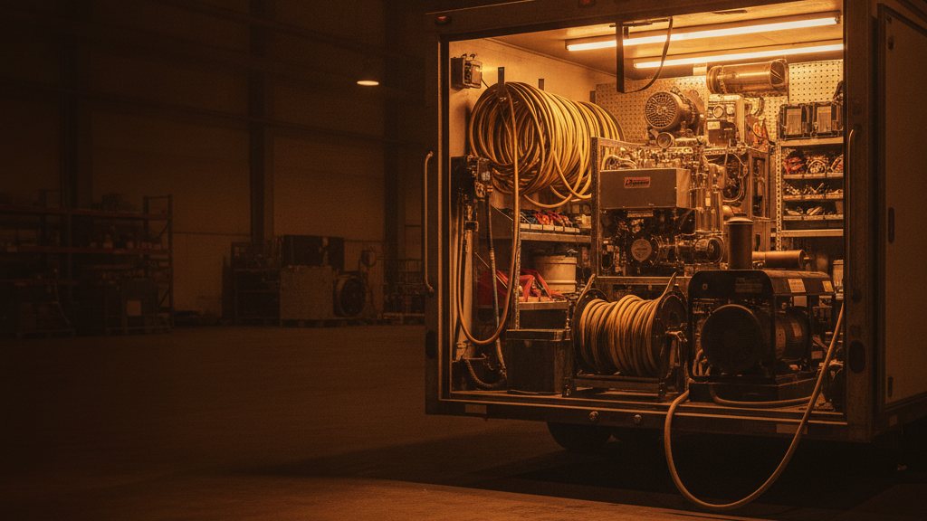 A spray foam rig trailer with proportioner, hoses, and generator inside a warehouse